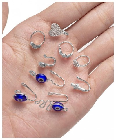 9Pcs African Fake Nose Rings Hoop Clip on Faux Evil Eye Inlaid CZ Cross Heart Star Nose Cuff Cartilage Tragus Ear Ring Non Pi...