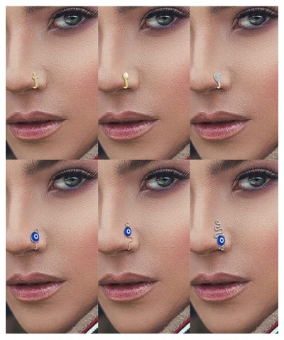 9Pcs African Fake Nose Rings Hoop Clip on Faux Evil Eye Inlaid CZ Cross Heart Star Nose Cuff Cartilage Tragus Ear Ring Non Pi...