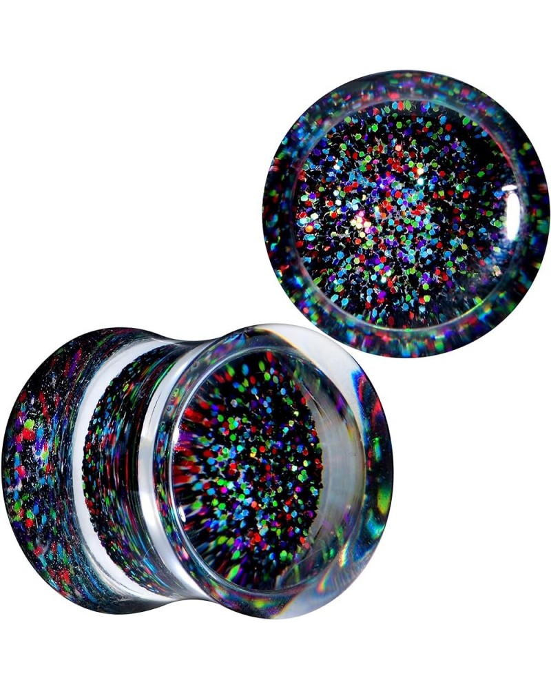 Womens 2PC Clear Black Acrylic Glitter Saddle Plugs Double Flare Plug Ear Plug Gauges 12mm (1/2") $10.79 Body Jewelry