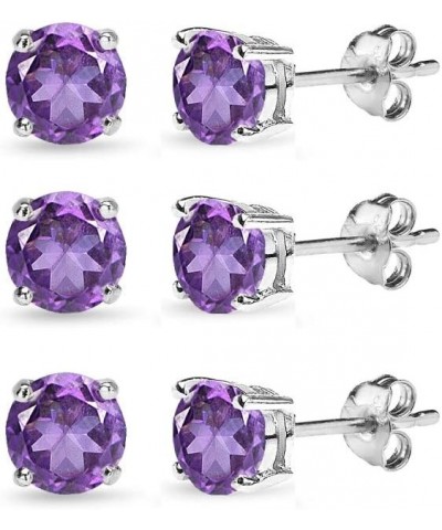 Sterling Silver African Amethyst Round-Cut Solitaire Stud Earrings for Women Teen Girls 6mm / 3 Pairs $10.58 Earrings