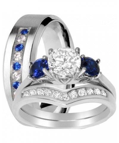 His and Her Wedding Set Blue Sapphire CZ Silver Bridal Engagement Set Titanium Wedding Band Her 05 - His 9 $33.14 Sets