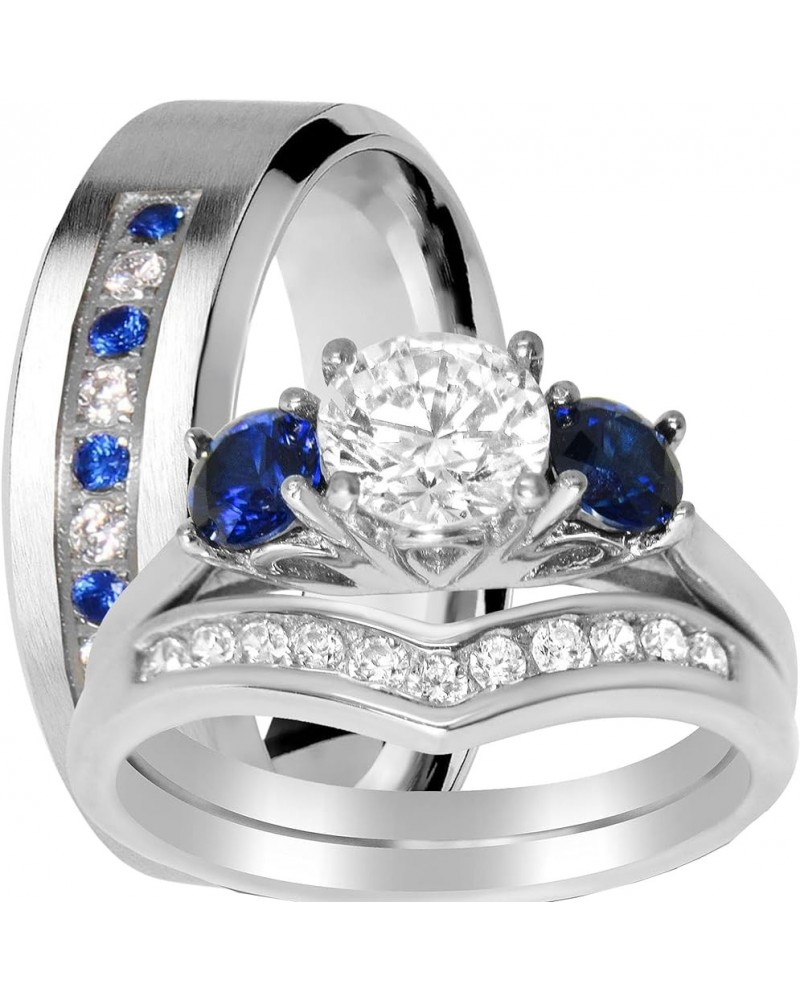 His and Her Wedding Set Blue Sapphire CZ Silver Bridal Engagement Set Titanium Wedding Band Her 05 - His 9 $33.14 Sets