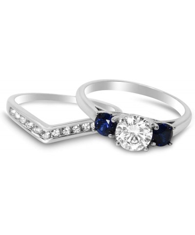 His and Her Wedding Set Blue Sapphire CZ Silver Bridal Engagement Set Titanium Wedding Band Her 05 - His 9 $33.14 Sets