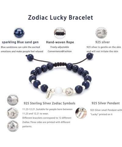 925 Silver Zodiac Bracelet,Natural Blue Sandstone Bead Bracelet, Braided Cord Unisex Adjustable Tassel Bracelet Aquarius $11....