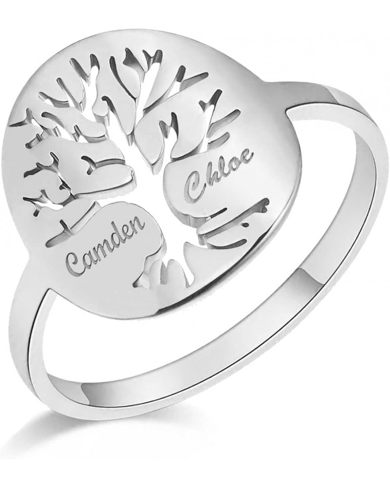 Tree of Life Name Ring Personalized, Customize Tree Ring Engrave One Two Three Four Names Ring for Women Men Silver Color gol...