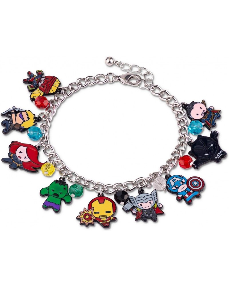 The Avengers Chibi Form Characters 15mm Enamel Charm Bracelet - Polished Silver Finish Chain Bangle Jewelry with Colorful Bea...