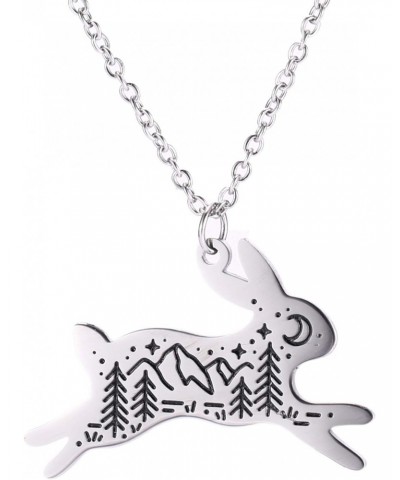 Stainless Steel Rabbit Shape Pendant Necklace Engraved Moon Mountain Star Pattern Animal Bunny Charm Cute Jewelry for Women G...