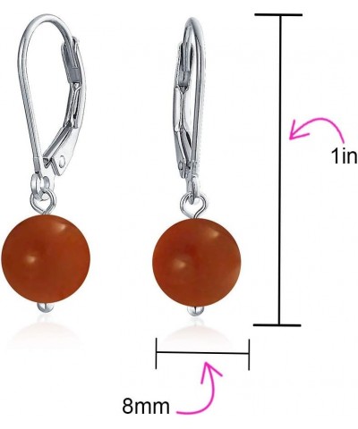 Simple Basic Gemstone Round 8MM Bead Ball Drop Dangle Earrings For Women Teen Secure Hinge Lever back .925 Sterling Silver Bi...