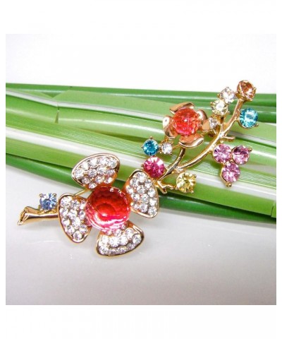 18k Gold Plated Crystal Rose Flower Enamel Brooch pins Pink Branch $8.83 Brooches & Pins