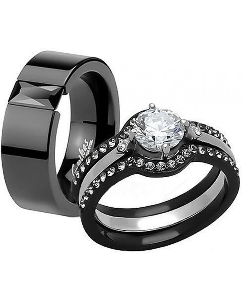 His and Hers 4 Piece?Black Ion Plated Stainless Steel Wedding Engagement Ring Band Set Women's Size 07 Men's 08mm Size 11 $22...