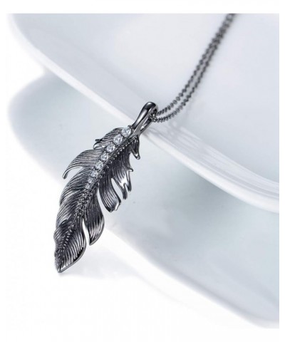 Silver Women Necklace 925 Sterling Silver Necklace Birthstone Created Turquoise/CZ Zircon Feather Pendant Necklaces Black-088...