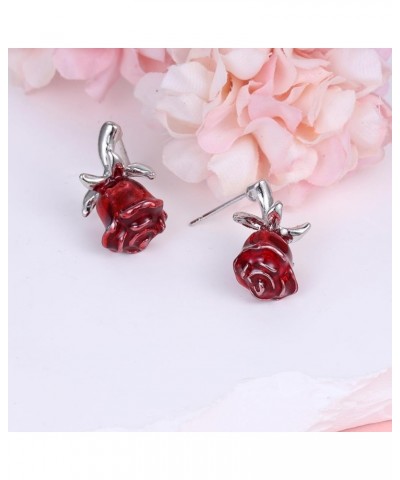 Women's Red-Rose Flower Stud Earrings - S925 Sterling Silver Post Simple Rose Charm, Wedding Anniversaries Valentine Mother d...