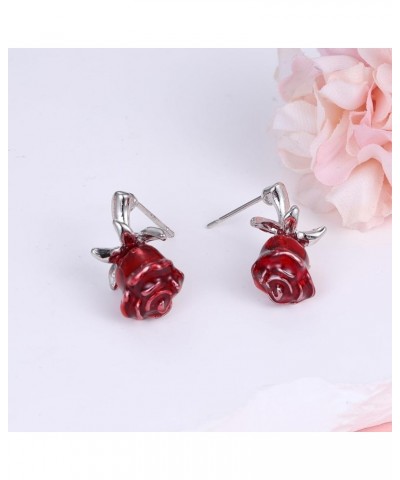 Women's Red-Rose Flower Stud Earrings - S925 Sterling Silver Post Simple Rose Charm, Wedding Anniversaries Valentine Mother d...