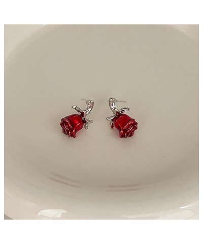 Women's Red-Rose Flower Stud Earrings - S925 Sterling Silver Post Simple Rose Charm, Wedding Anniversaries Valentine Mother d...