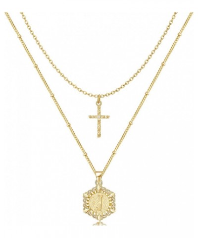 Gold Layered Initial Cross Necklace, 14K Gold Plated Layering Square Letter Pendant Figaro Chain Cross Choker from A-Z Capita...