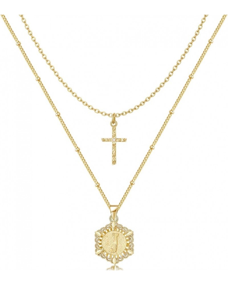 Gold Layered Initial Cross Necklace, 14K Gold Plated Layering Square Letter Pendant Figaro Chain Cross Choker from A-Z Capita...