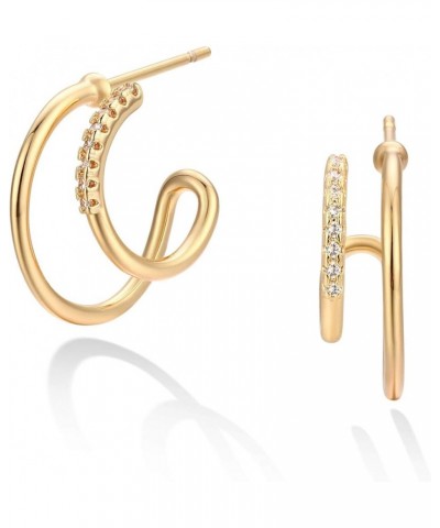 Stud Earrings for Women 14K Gold Plated Simple Hypoallergenic Small Ear Jewelry Double Hoop CZ $10.72 Earrings