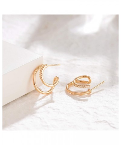 Stud Earrings for Women 14K Gold Plated Simple Hypoallergenic Small Ear Jewelry Double Hoop CZ $10.72 Earrings