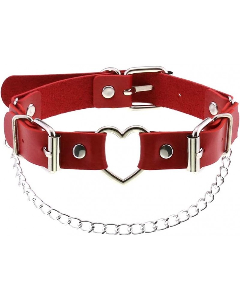 Women Heart Leather Choker Necklace Girls Punk Rock Chain Rivet PU Collar Necklace Adjustable One size Red $9.38 Necklaces