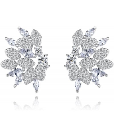 White Gold Plated Cubic Zirconia Leaf Shaped Chandelier Swarovski Elements Crystal Rhinestone Flower Stud Earrings Fashion Je...