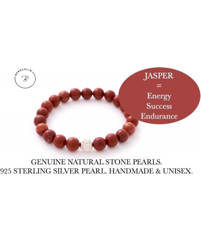 Real natural stone bracelet with 925 Sterling silver pearl and genuine 8mm natural stone pearls - Certified Quality Jasper $1...