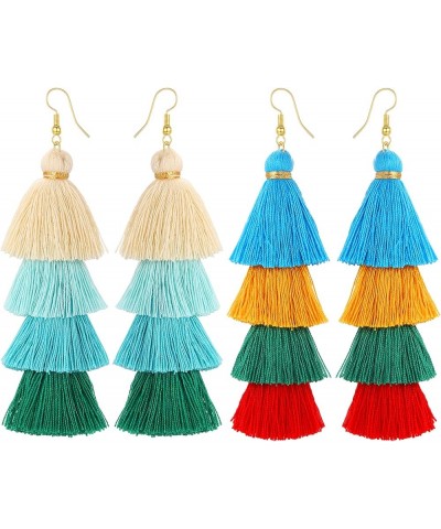 2 Pairs/Set Colorful Layered Tassel Earrings Black Red Blue Green Multilayer Handmade Long Fringe Dangle Drop Earrings for Wo...