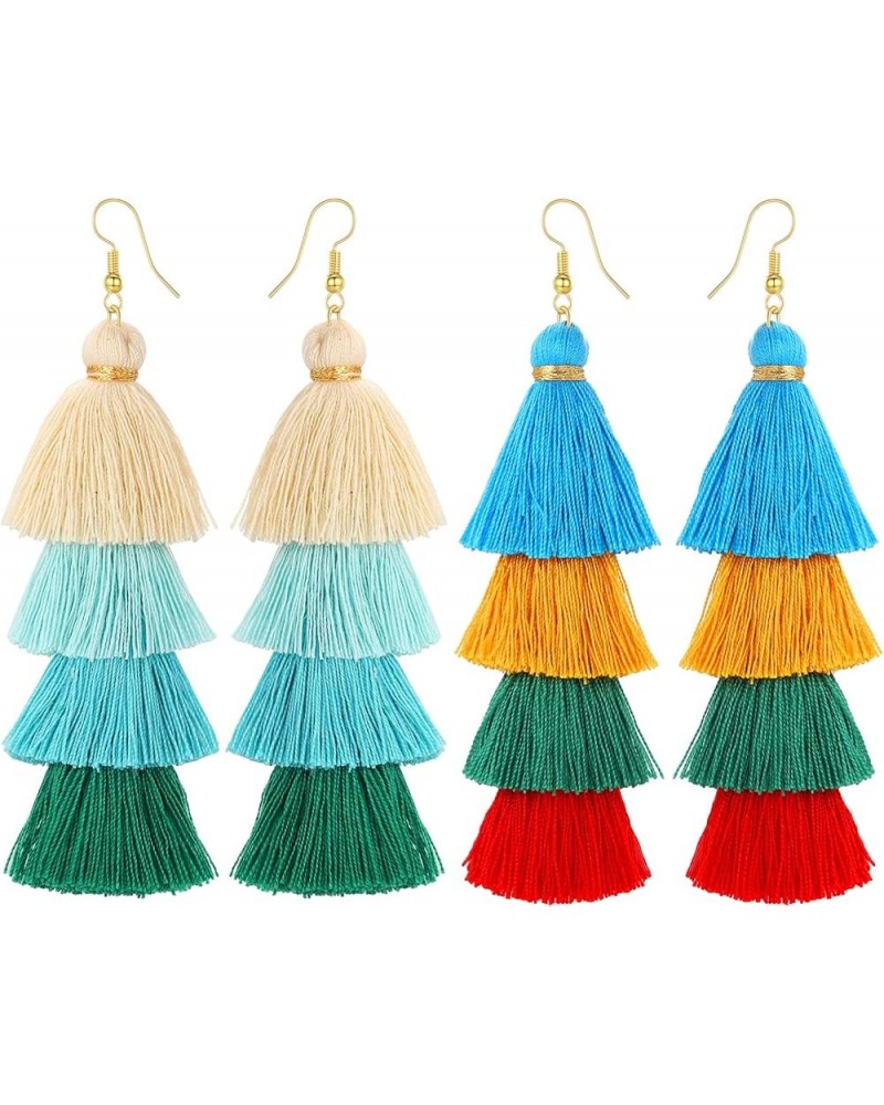 2 Pairs/Set Colorful Layered Tassel Earrings Black Red Blue Green Multilayer Handmade Long Fringe Dangle Drop Earrings for Wo...