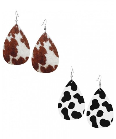 2 Pairs Faux Leather Earrings For Women Dangle Lightweight Teardrop Earrings Brown Cow Print $9.85 Earrings