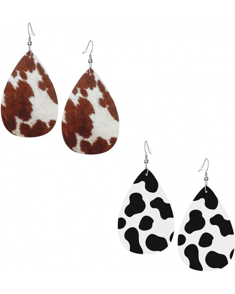 2 Pairs Faux Leather Earrings For Women Dangle Lightweight Teardrop Earrings Brown Cow Print $9.85 Earrings