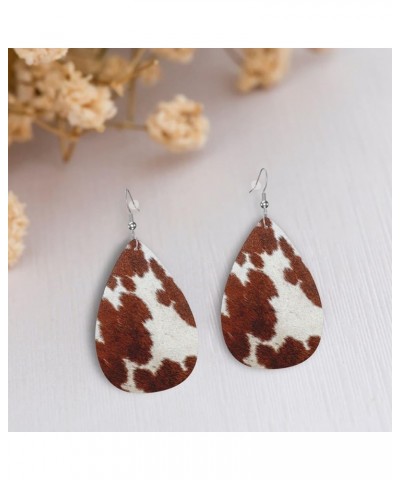 2 Pairs Faux Leather Earrings For Women Dangle Lightweight Teardrop Earrings Brown Cow Print $9.85 Earrings