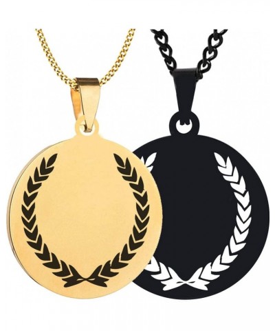 2PCS Set Laser Engraved Laurel Wreath Peace Triumph Learning Symbol Stainless Steel Pendants Necklaces Well Polished Black+Go...