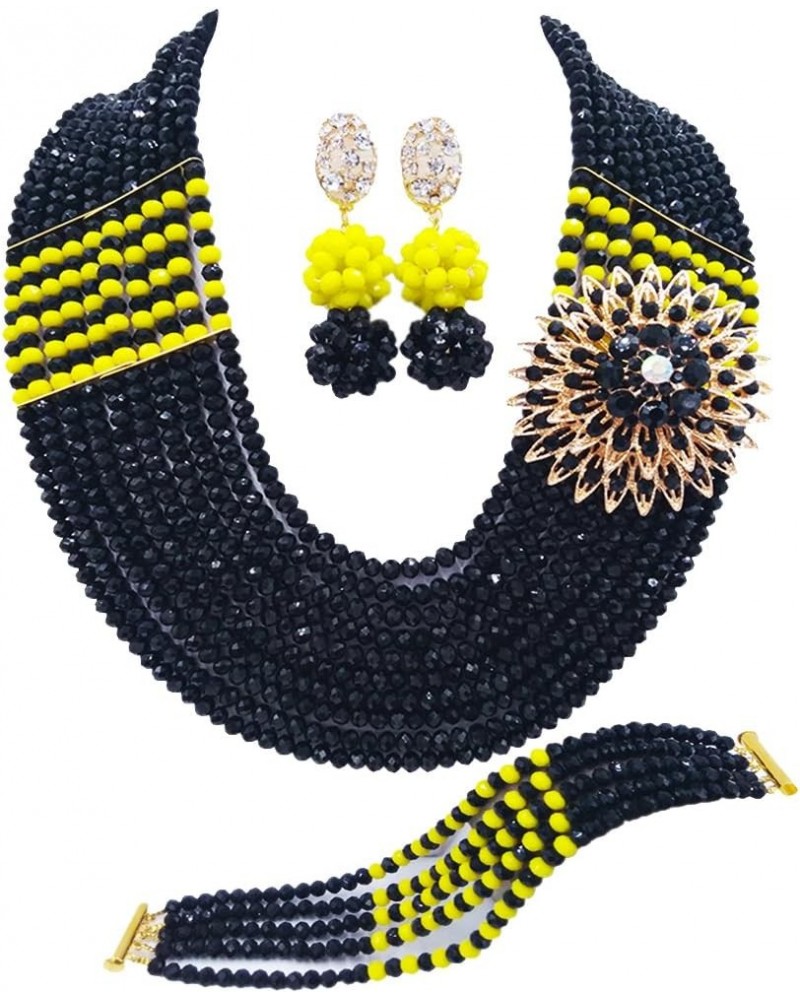 10 Rows African Beads Jewelry Set for Women Nigerian Wedding Bridal Jewelry Sets Black and Opaque Yellow $24.29 Jewelry Sets