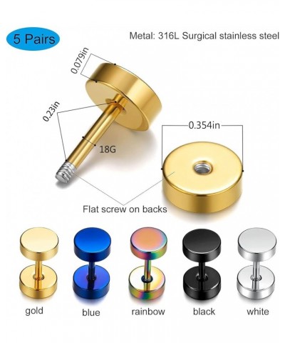 316L Surgical Steel Mens Earring Flatback Screw Stud Earrings Hypoallergenic Titanium Ear Piercing Studs for Women B-5 pair-9...