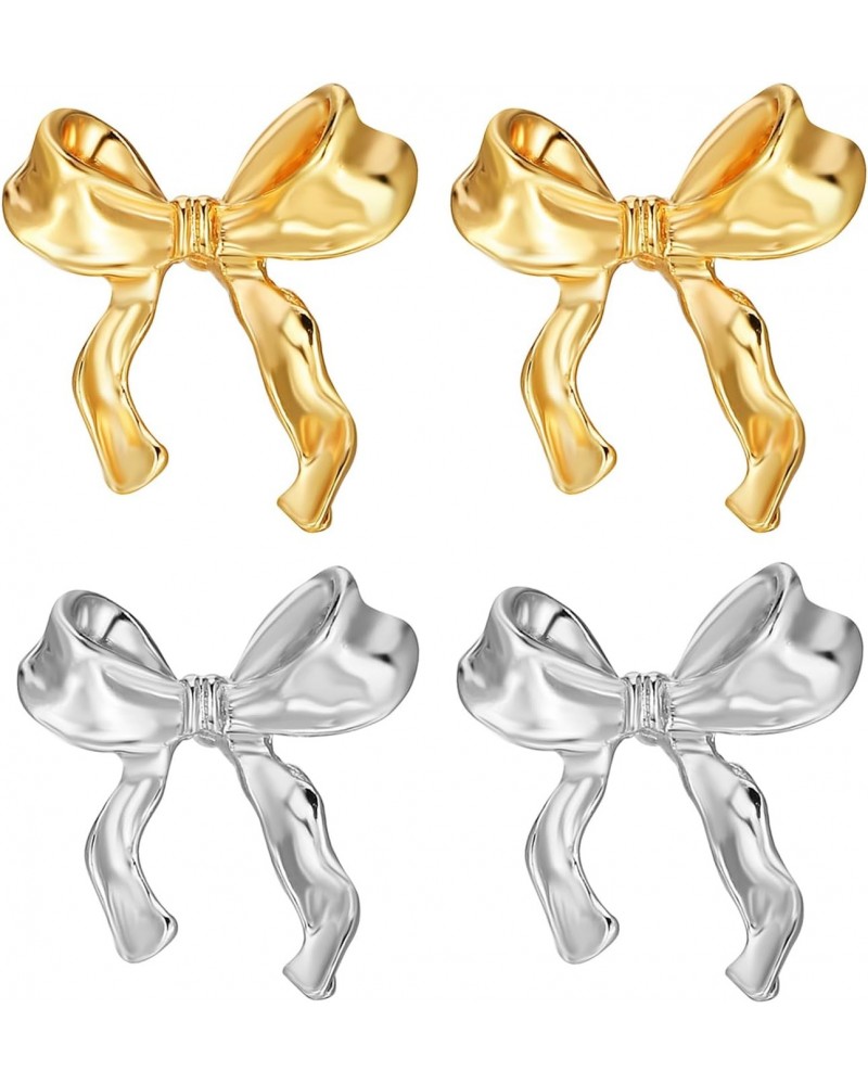 Gold Silvery Bow Earrings for Women Girls Ribbon Bow Stud Earrings Cute Bowknot Earrings Christmas Birthday Jewelry Gift $6.9...