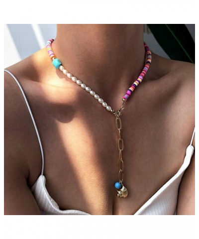 Heishi Surfer and Pearl Beads Choker Y Necklace with Seashell Pendant Paperclip Chain Necklace for Women and Girls Summer Bea...