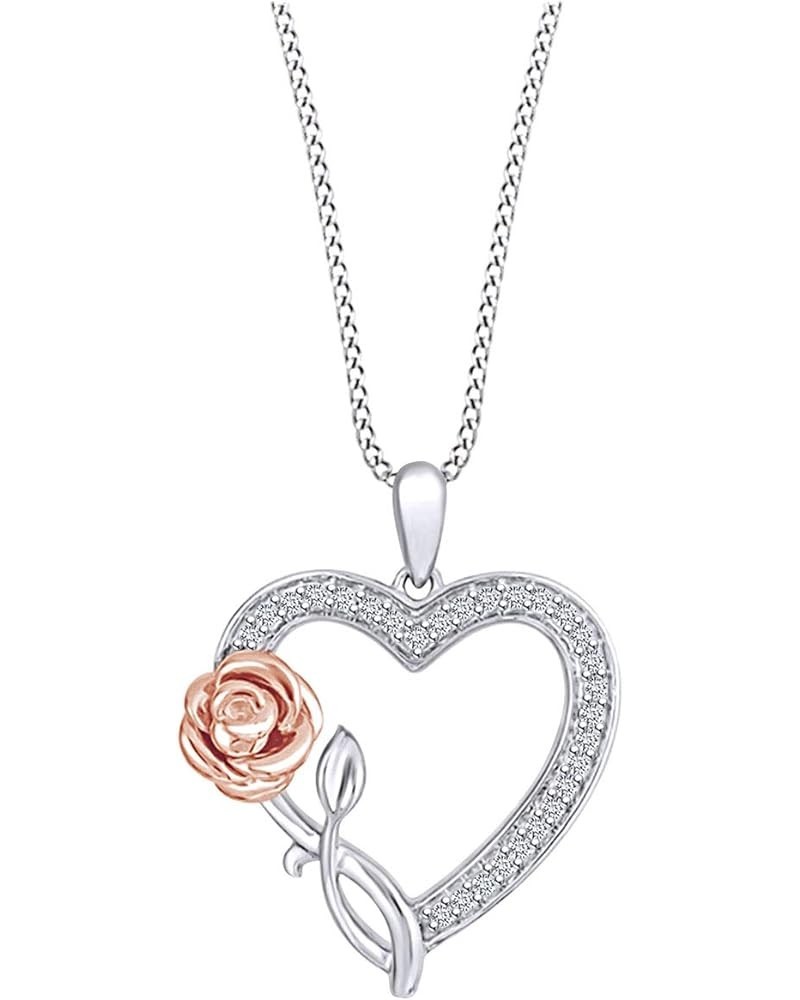 White Natural Diamond Heart Pendant Necklace for women in 925 Sterling Silver and 10K Rose Gold Flower Rose Heart rose-gold-a...