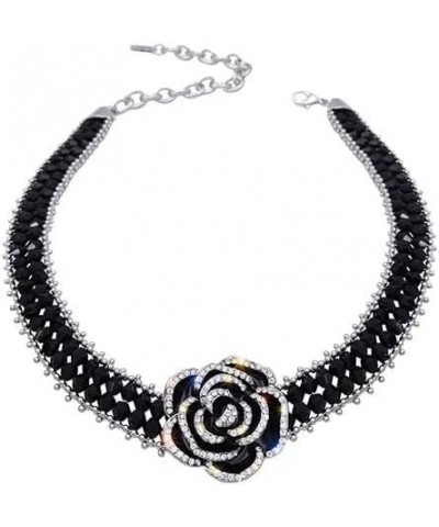 Black Camellia Flower Necklace for Women Girls Crystal Rhinestones Fashion Statement Big Floral Collar Choker Necklaces Luxur...