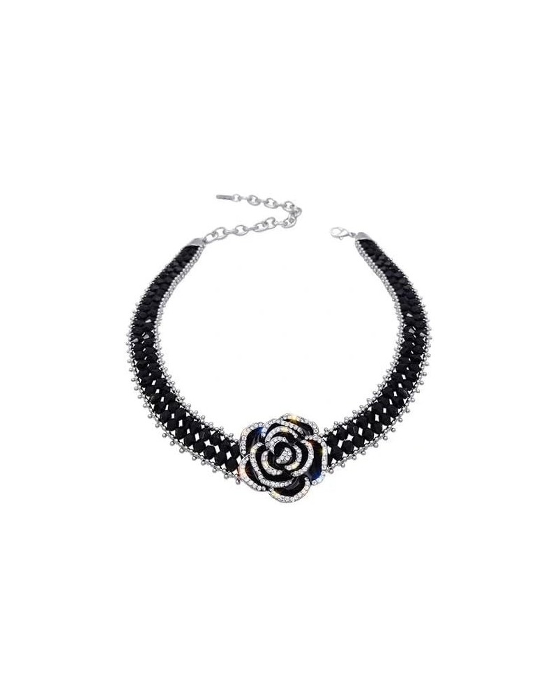 Black Camellia Flower Necklace for Women Girls Crystal Rhinestones Fashion Statement Big Floral Collar Choker Necklaces Luxur...