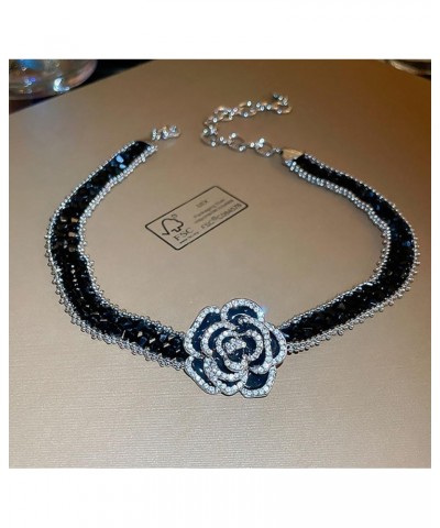 Black Camellia Flower Necklace for Women Girls Crystal Rhinestones Fashion Statement Big Floral Collar Choker Necklaces Luxur...