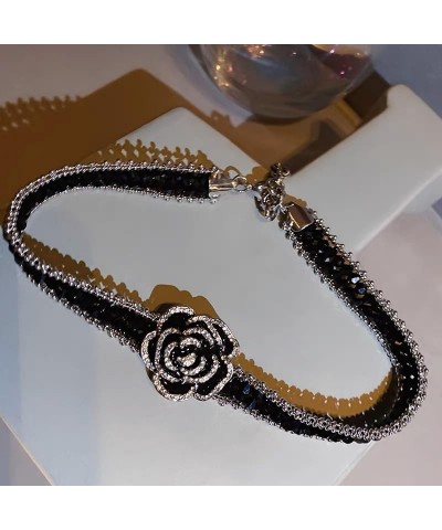 Black Camellia Flower Necklace for Women Girls Crystal Rhinestones Fashion Statement Big Floral Collar Choker Necklaces Luxur...