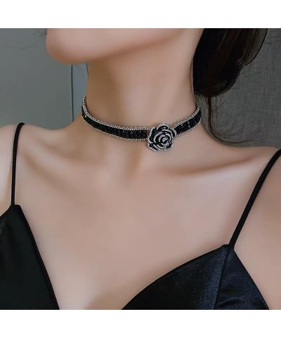 Black Camellia Flower Necklace for Women Girls Crystal Rhinestones Fashion Statement Big Floral Collar Choker Necklaces Luxur...