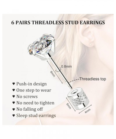 Threadless Flat Back Stud Earrings, 6 Pairs Titanium Hypoallergenic Earrings for Women Men, Cubic Zirconia Silver Gold Stud E...