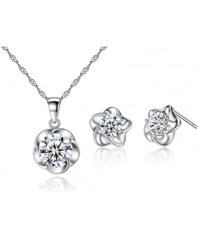 White Gold Plated Plum-Flower Necklace+Stud Earring Set Silver $11.39 Jewelry Sets