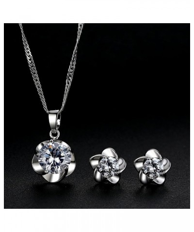 White Gold Plated Plum-Flower Necklace+Stud Earring Set Silver $11.39 Jewelry Sets