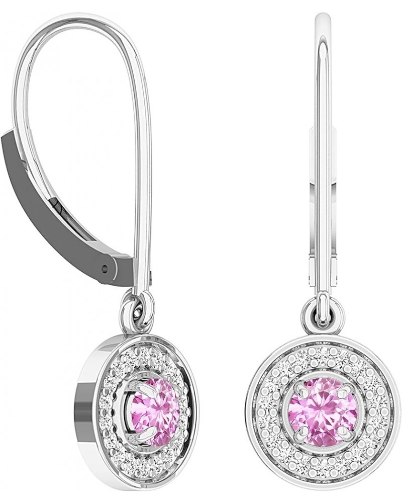 Each 3.3 MM Round Gemstone & Diamond Halo Style Dangling Drop Earrings, Available in Various Gemstones, Diamond & Metal in 10...