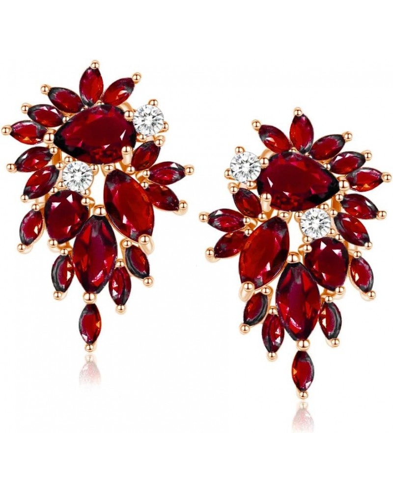 Trendy Cluster Leaf Cubic Zirconia Crystal Stud Earrings for Women Bride Bridesmaid Prom Wedding Pageant Garnet Red $10.82 Ea...