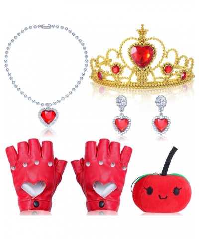 5 Pcs Gold Tiaras Earrings Red Heart Necklace Jewelry Set with Heart Cutout Half Finger PU Leather Performance Gloves Apple P...