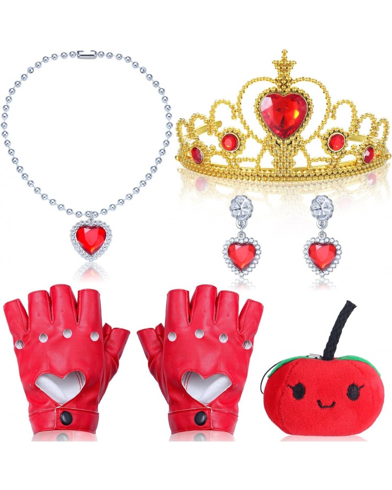 5 Pcs Gold Tiaras Earrings Red Heart Necklace Jewelry Set with Heart Cutout Half Finger PU Leather Performance Gloves Apple P...