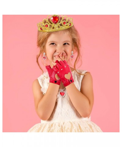 5 Pcs Gold Tiaras Earrings Red Heart Necklace Jewelry Set with Heart Cutout Half Finger PU Leather Performance Gloves Apple P...