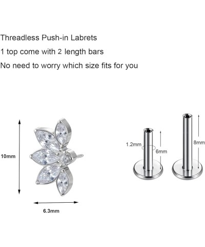 1pcs 16G G23 Titanium Threadless Labret Studs Push-in Sparkly CZ Labret Lip Cluster Tragus Helix Conch Lobe Rook Cartilage Pu...